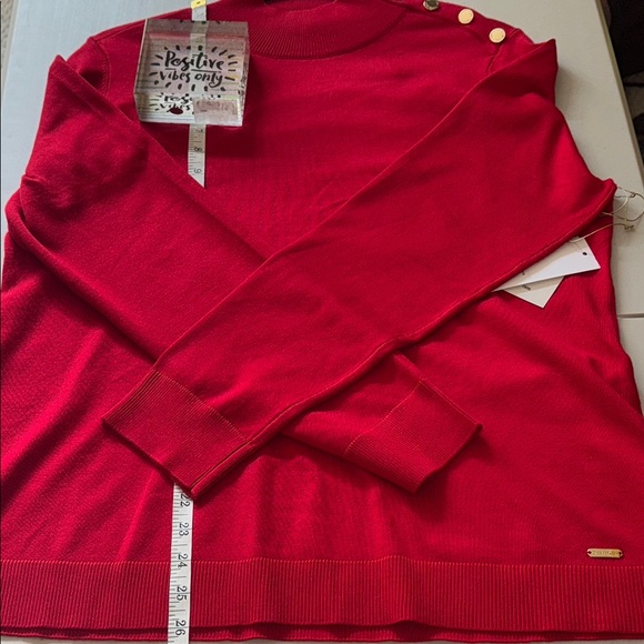 Calvin Klein Red Faux Turtleneck Sweater with Gold Buttons - Picture 8 of 8